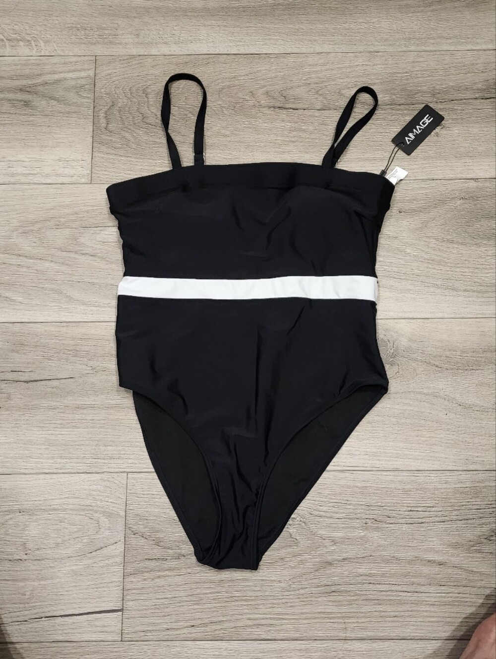 NEW - Image Black One-Piece Swimsuit with White Waist Stripe